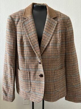 Vintage Talbots Plaid Jacker Wool Blend Elbow Patches Brown Size 6